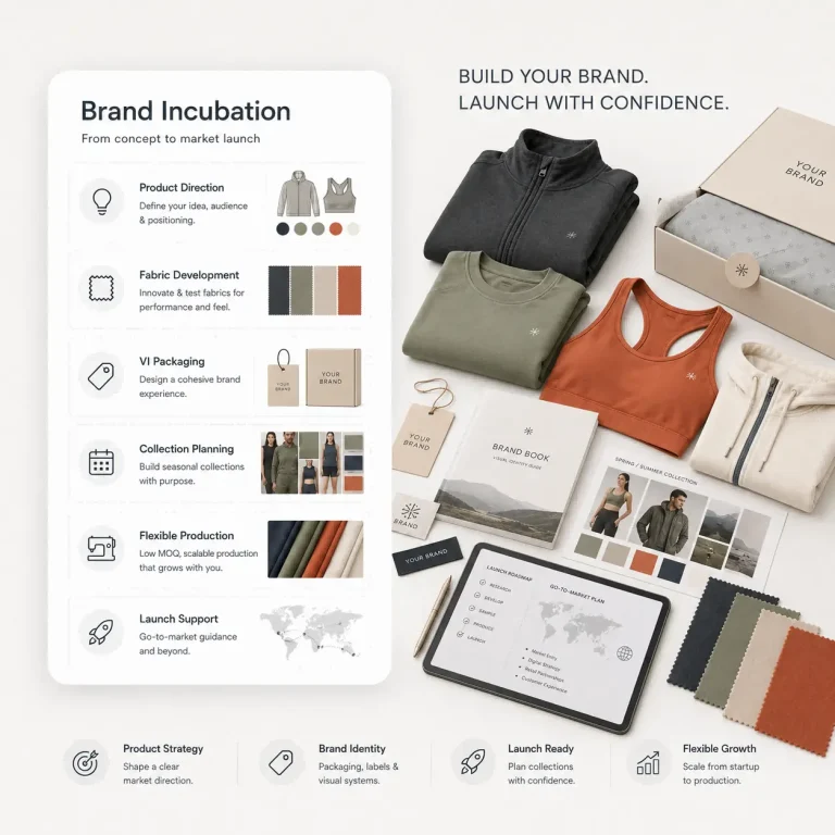 Servicio de incubación de la marca Paiyi para nuevas marcas de ropa deportiva, de actividades al aire libre y de estilo de vida, que incluye orientación de producto, desarrollo de tejidos, imagen corporativa, diseño de envases y planificación del lanzamiento.