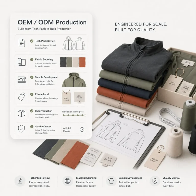 Servicio de producción de ropa OEM y ODM de Paiyi, que incluye revisión de especificaciones técnicas, abastecimiento de tejidos, acabado de marcas propias, producción a gran escala y control de calidad