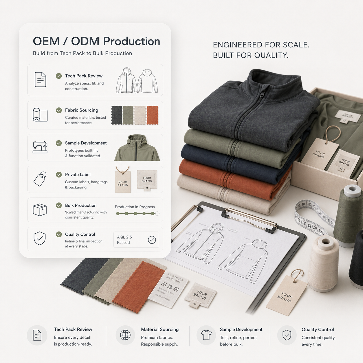 Paiyi OEM and ODM apparel production service with tech pack review, fabric sourcing, private label finishing, bulk production, and quality control