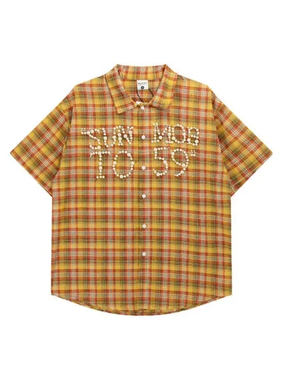 Camisa de franela a cuadros oversize de estilo vintage con lavado ácido y detalles de perlas y strass | Fabricante de ropa urbana