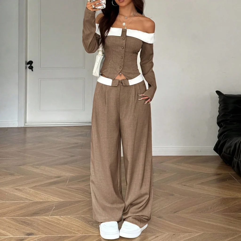 women's off shoulder color block linen two piece suit | private label manufacturer