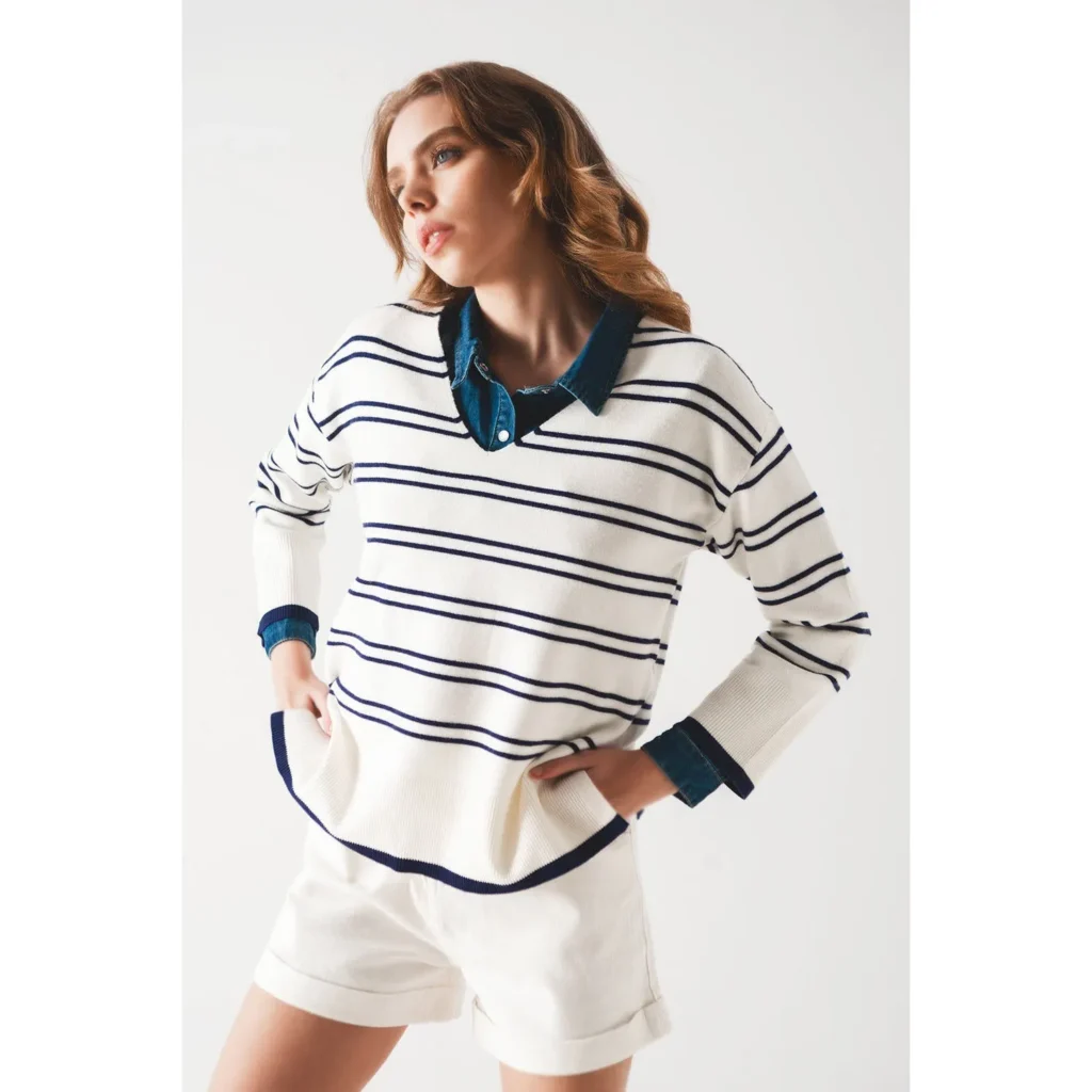 Jersey de punto a rayas con cuello en V y hombros caídos para mujer | Fabricante de prendas de punto de marca propia