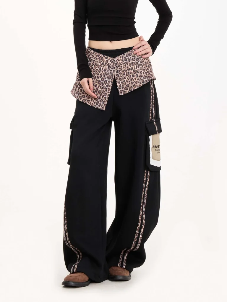 wide leg leopard print cargo pants | multi pocket streetwear supplier