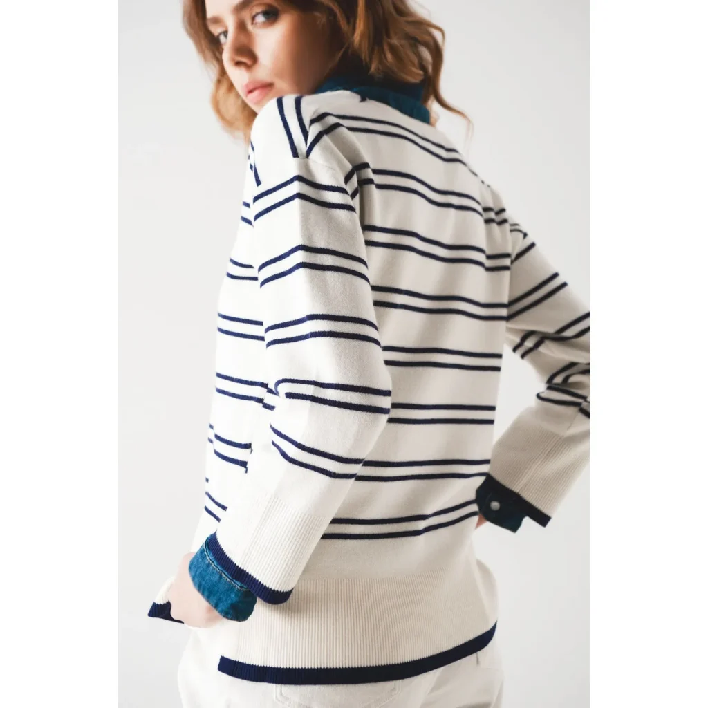 Jersey de punto a rayas con cuello en V y hombros caídos para mujer | Fabricante de prendas de punto de marca propia
