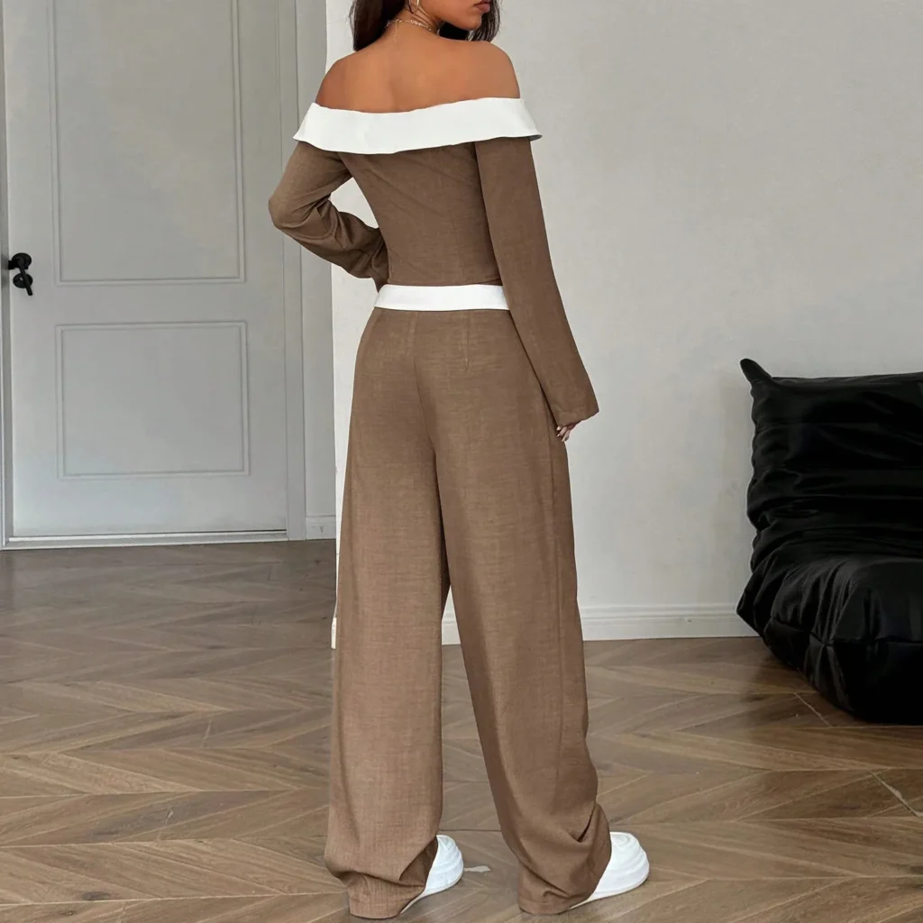women's off shoulder color block linen two piece suit | private label manufacturer