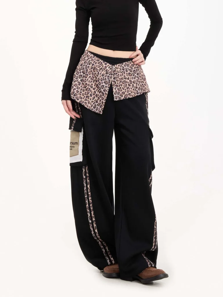 wide leg leopard print cargo pants | multi pocket streetwear supplier