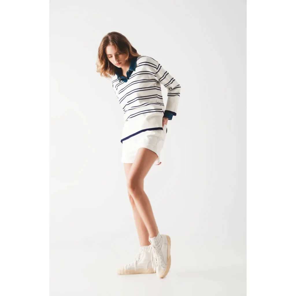 Jersey de punto a rayas con cuello en V y hombros caídos para mujer | Fabricante de prendas de punto de marca propia
