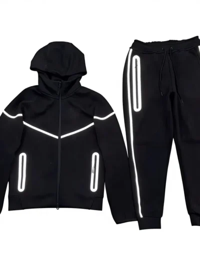 Conjunto de moletom com capuz e calça de moletom reflexivo de tecido polar pesado para homem | fabricante de roupas esportivas