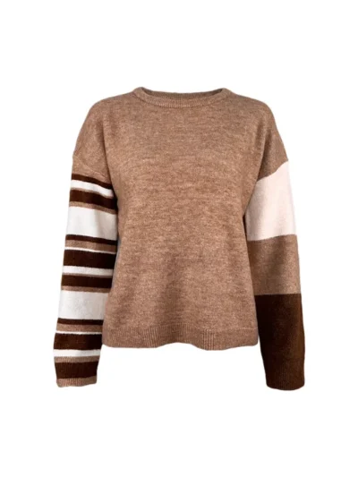 Pull en maille à col rond et rayures, avec manches asymétriques | Fabricant de vêtements en maille pour marques privées