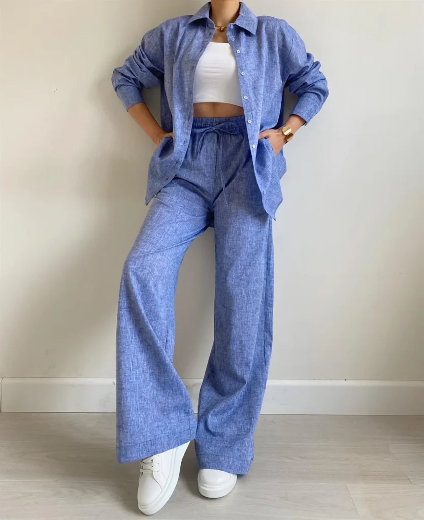relaxed linen long sleeve top & pants set | private label manufacturer