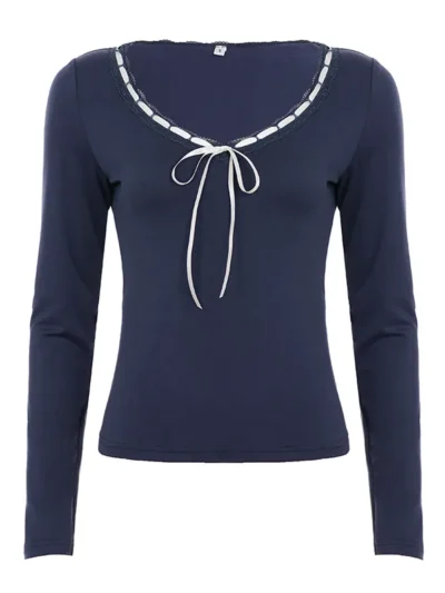 T-shirt femme à col en V, manches longues et bordure en dentelle, style Y2K | Fournisseur de marques de distributeur