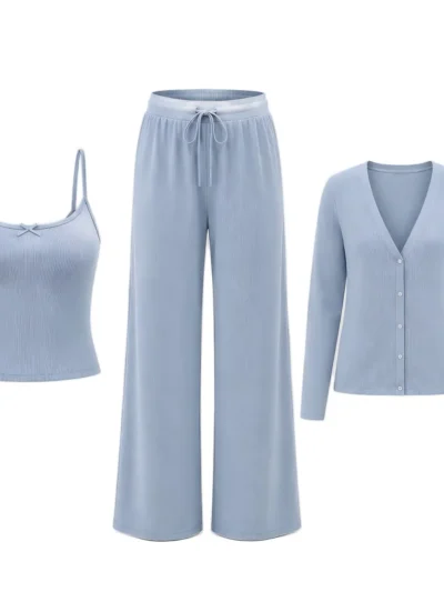women's 3 piece ribbed knit lounge set | custom color sleepwear supplier