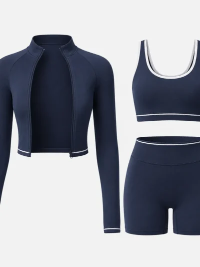 women's 3 piece color block yoga activewear set | second skin sportswear supplier