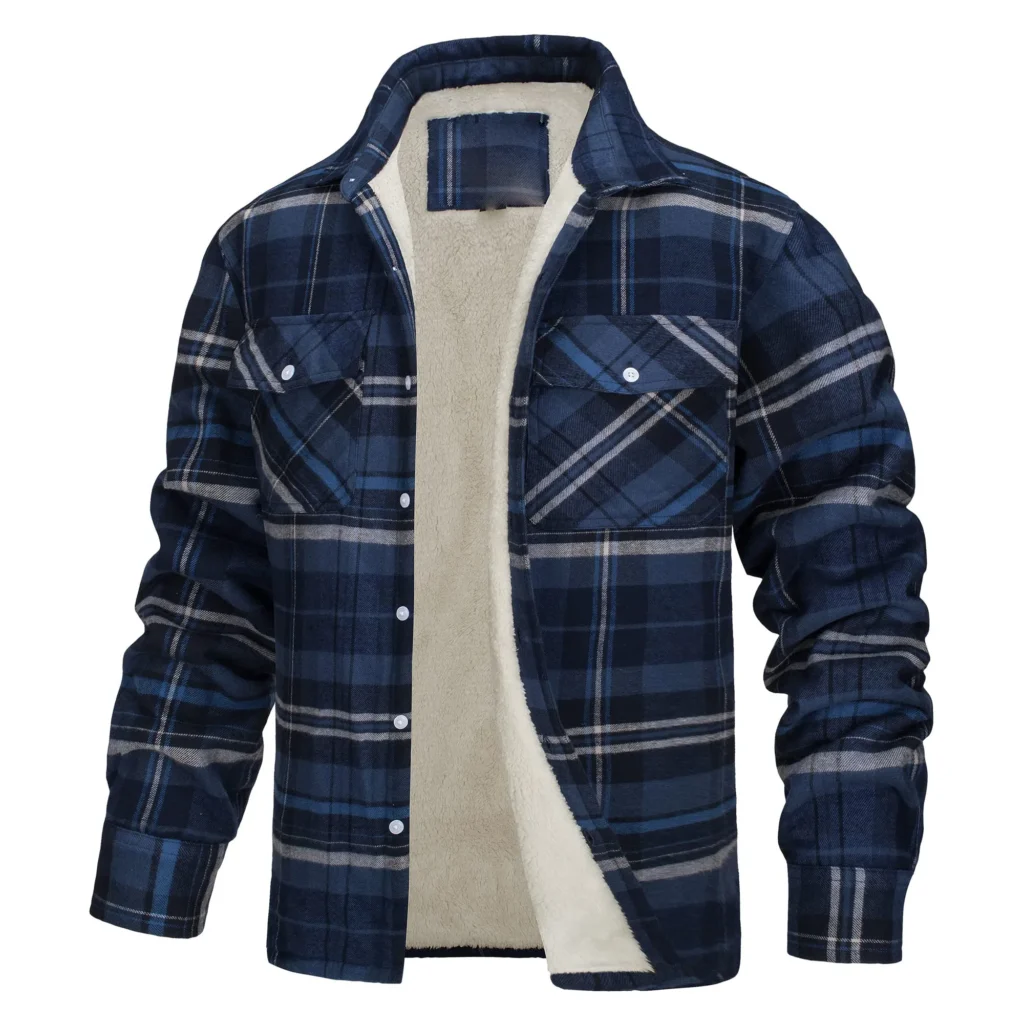 jaqueta masculina de flanela com forro de sherpa | fornecedor de agasalhos casuais de marca própria