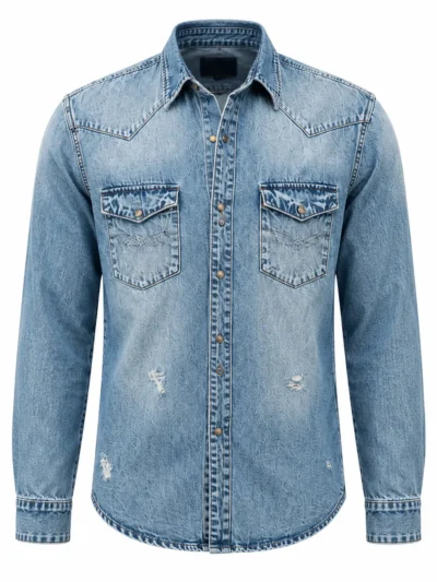 camisa masculina de manga comprida em jeans com efeito stonewashed | fabricante de roupas casuais
