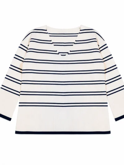 women's v neck drop shoulder striped knit sweater | private label knitwear manufacturer