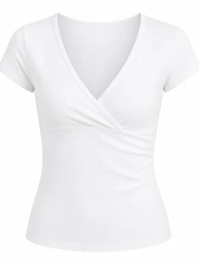 T-shirt femme à col en V profond, coupe ajustée et manches courtes | Fournisseur de marques de distributeur